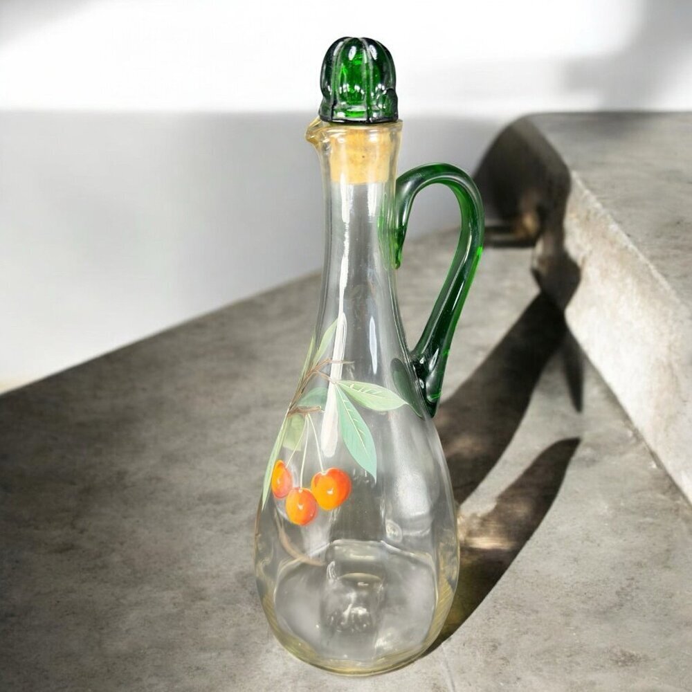 Antique Clear Glass Decanter Jug Container Raised Fruit Green Handle Stopper VTG